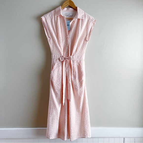LOFT Dresses & Skirts - NWT LOFT • Button Front Seersucker Belted Midi Dress in Pink w/ Pockets, Sz 4P